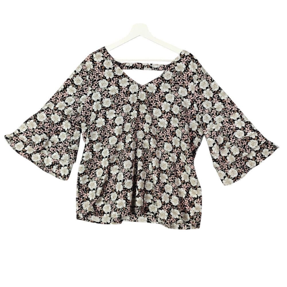Roz & Ali Women Cottagecore‎ Romantic Floral Blouse XL Shimmer Bell Sleeve Top